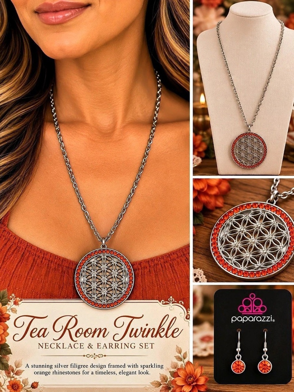 Paparazzi Tea Room Twinkle Silver & Orange Necklace Set